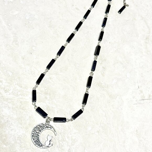 Dark Blue Goldstone Short Necklace w/ Silver Cat on the Moon Pendant - Picture 7 of 14